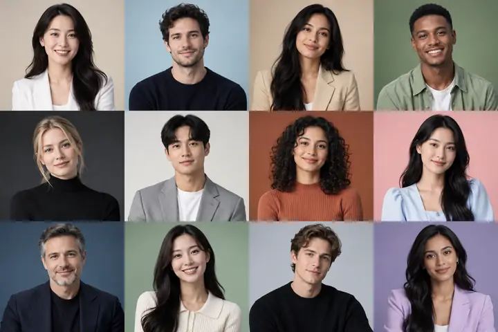A polished gallery of diverse, lifelike video presenters photographed against clean studio backgrounds