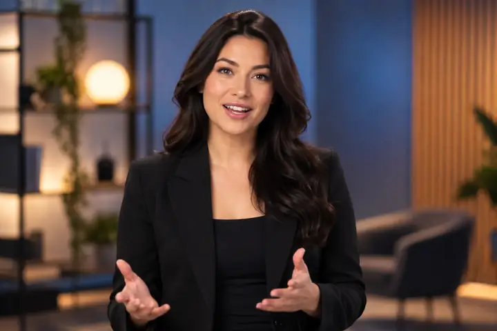 A confident dark-haired female video presenter in a black jacket speaking to camera against a softly blurred studio background