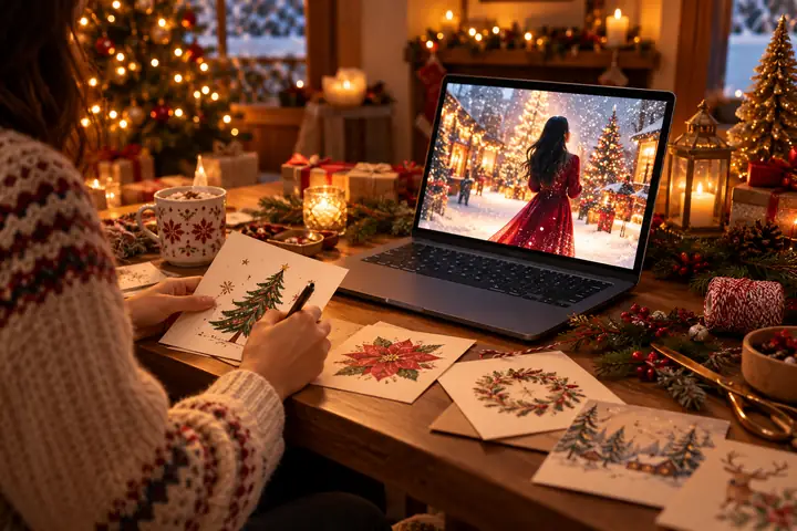 Festive handmade cards and warm holiday decorations arranged on a table