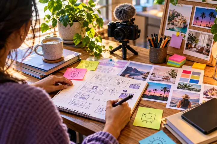 A colorful desk of notes and creative prompts for planning new videos