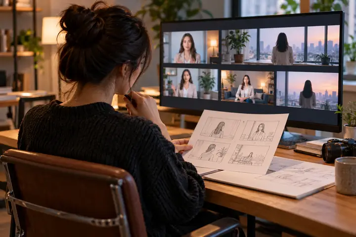 A creator reviewing short video scenes and a simple storyboard at a desk