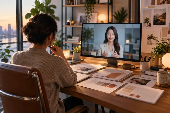 A tidy computer workspace showing organized brand documents and a conversational video interface