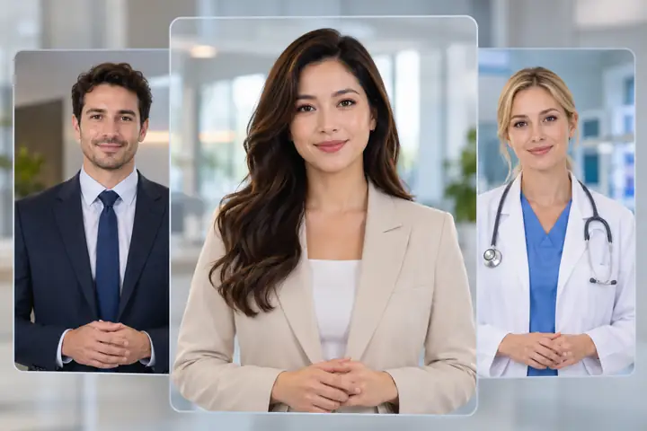 Three lifelike digital presenters, a businesswoman in front with a man and a medical professional behind, displayed as layered video conversation panels