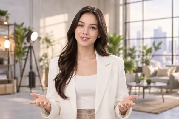 A lifelike female digital presenter on a bright conversational interface