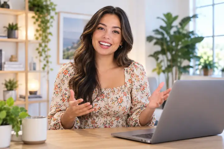 A friendly woman in a floral top presenting to camera beside a laptop in a bright recording space