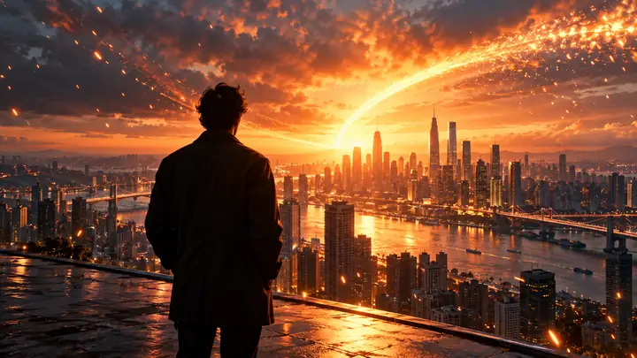 A dramatic cinematic city scene illuminated by a sweeping orange burst of light and sparks