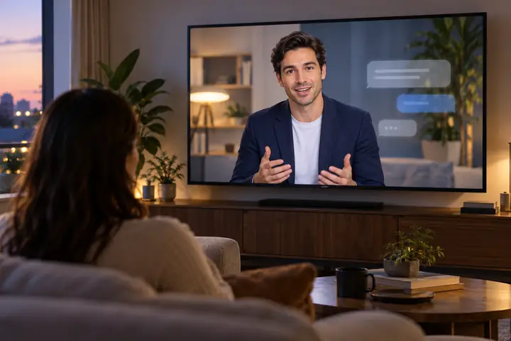A personable male digital presenter shown on a screen with a subtle conversation interface in a modern living room
