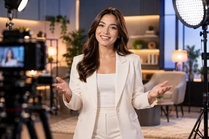 A welcoming digital presenter pictured within a polished video setup