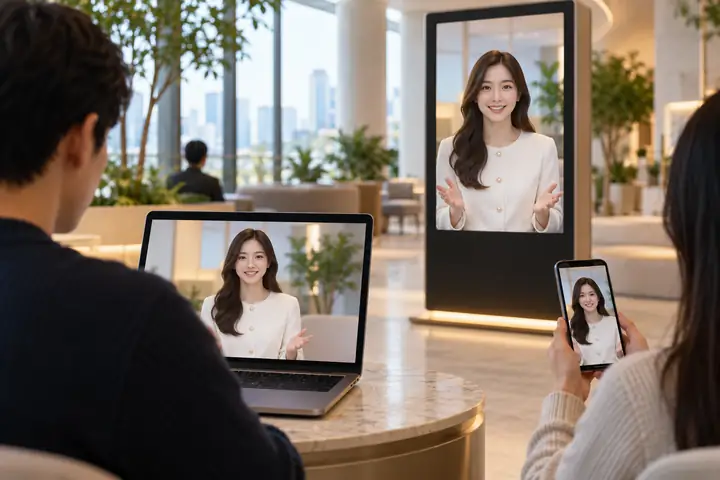 The same friendly video presenter appearing across a laptop, phone, and kiosk in a clean modern setting