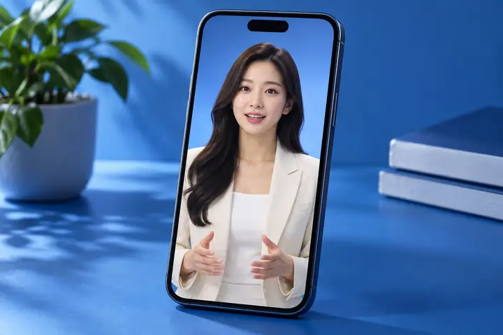 A smartphone displaying a lifelike video presenter portrait on a clean blue studio surface