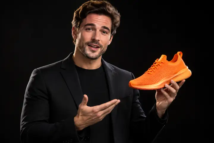 A smartly dressed video presenter holding a bright orange sneaker against a dramatic black studio background