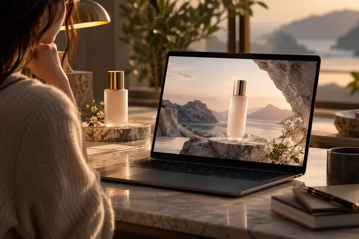 A premium skincare bottle displayed beside a clean online product page on a laptop screen