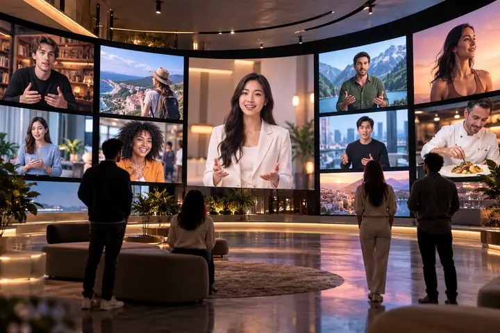 A gallery of polished short video scenes and presenters arranged across modern screens
