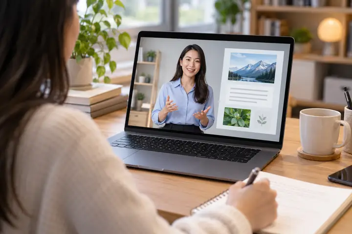 A modern laptop showing a neatly organized video course lesson with a friendly presenter and learning materials