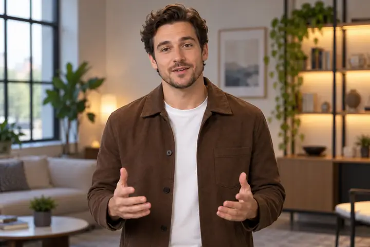 A friendly male video presenter wearing a brown jacket over a white shirt, framed from the waist up in a softly lit modern room