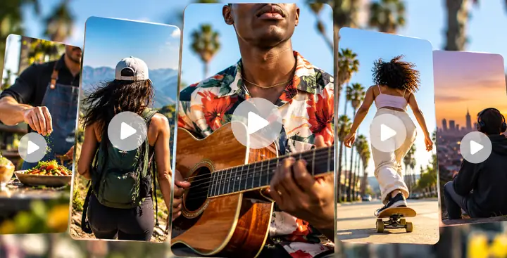 Social video concepts arranged as colorful vertical clips